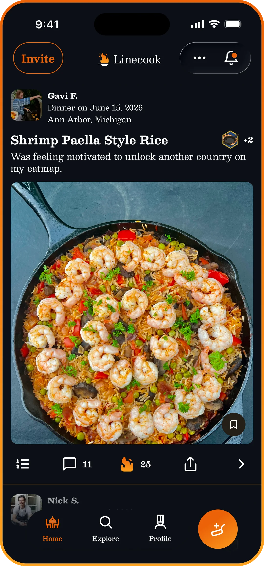 Linecook app screenshot showing a meal post with food photos and social interactions